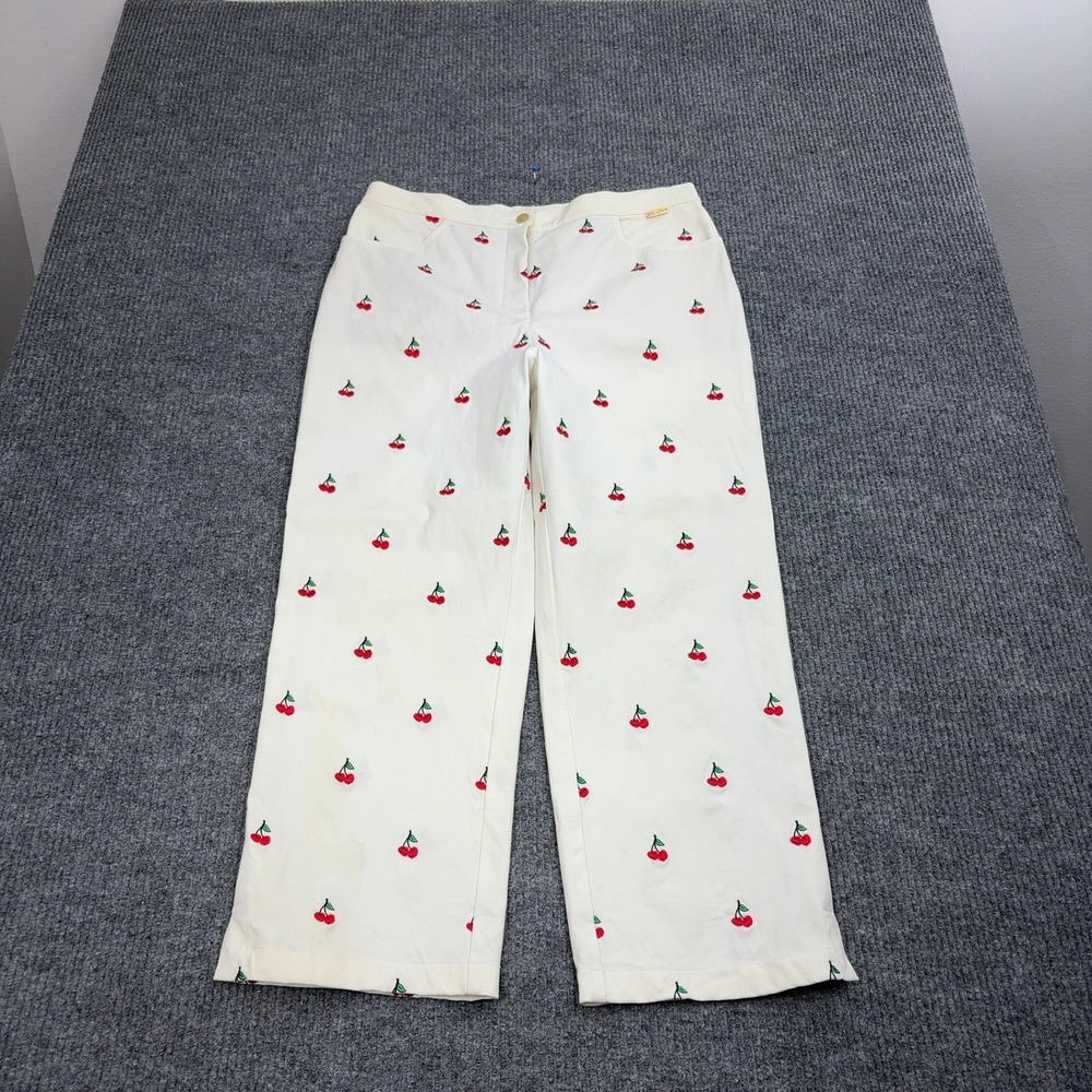 St John Sport Pants Womens 16 White Cherry Embroidered High Rise Wide Leg Summer